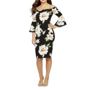 Premier Amour Womens Dress Size 8 Black and White Floral Off Shoulder Bell Sleev
